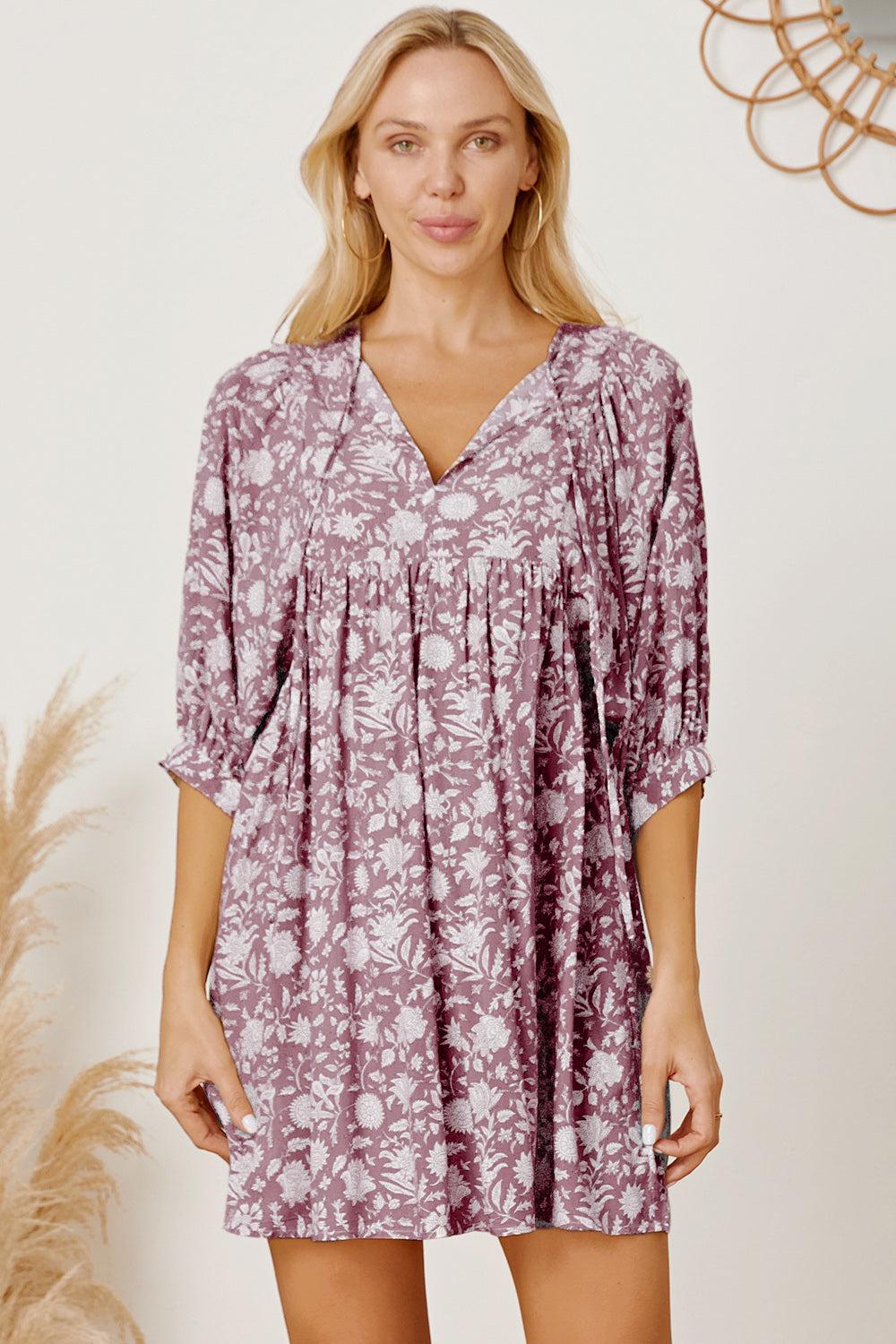 Floral Tie Neck Ruched Babydoll Dress.