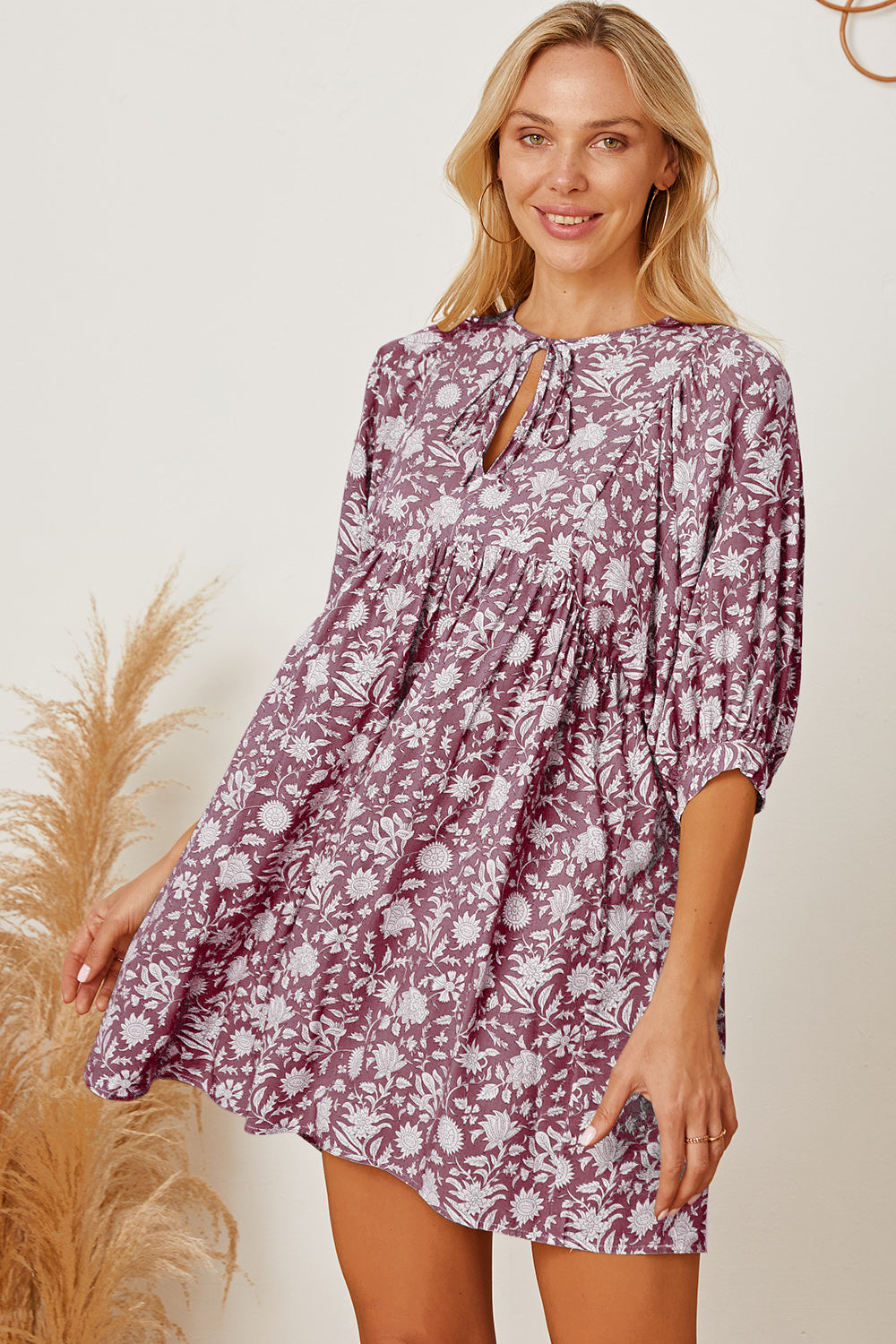Floral Tie Neck Ruched Babydoll Dress.