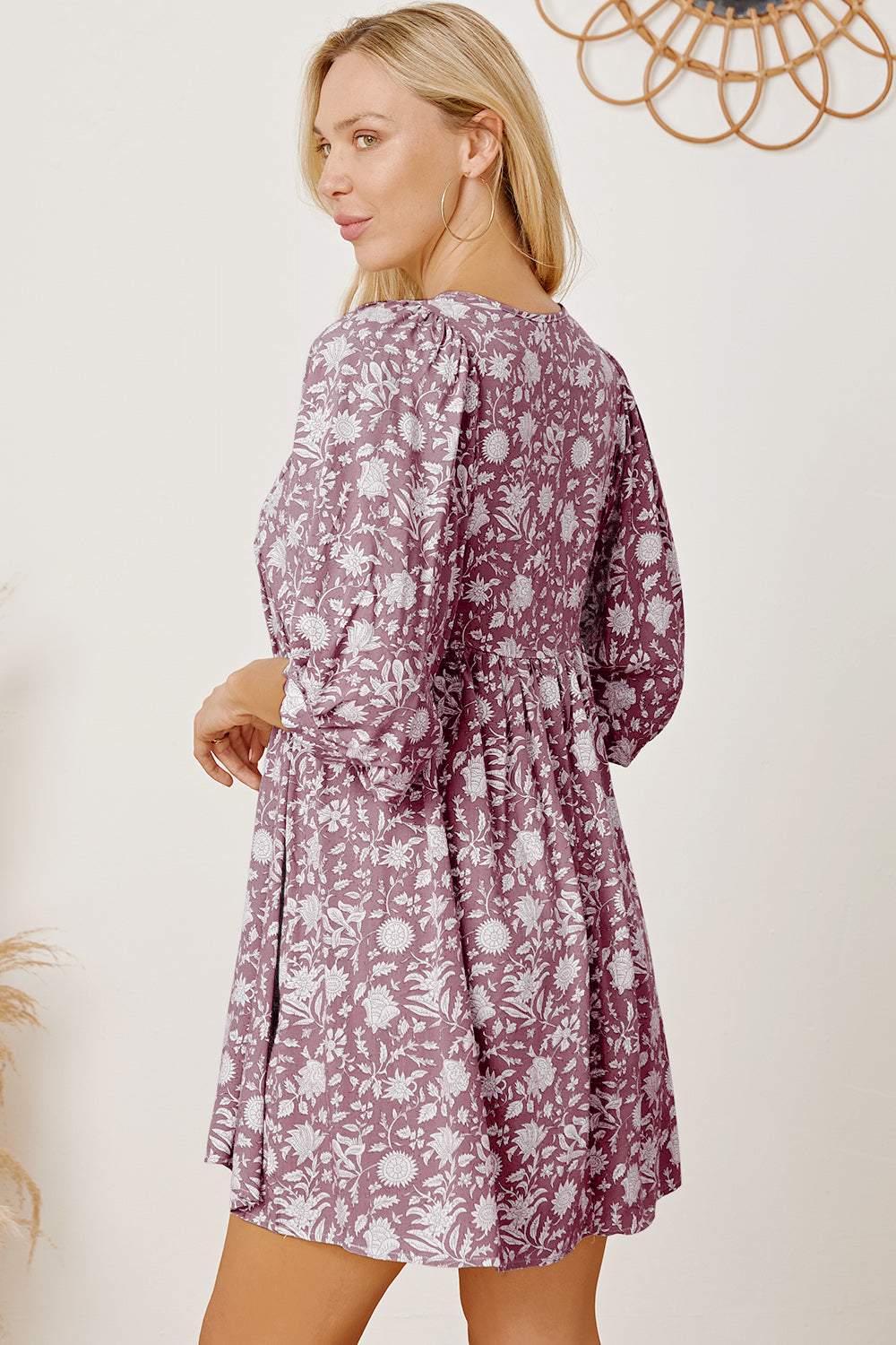 Floral Tie Neck Ruched Babydoll Dress.