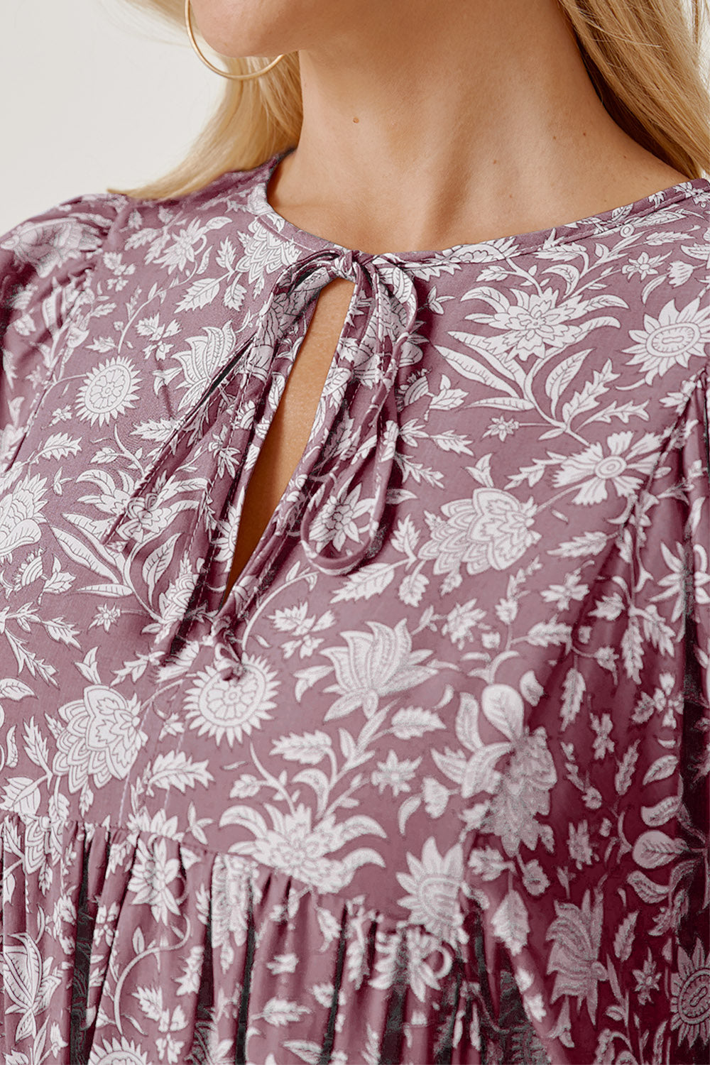 Floral Tie Neck Ruched Babydoll Dress.