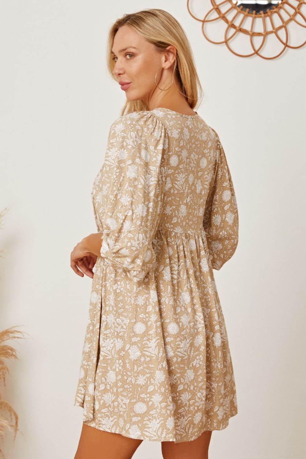 Floral Tie Neck Ruched Babydoll Dress.