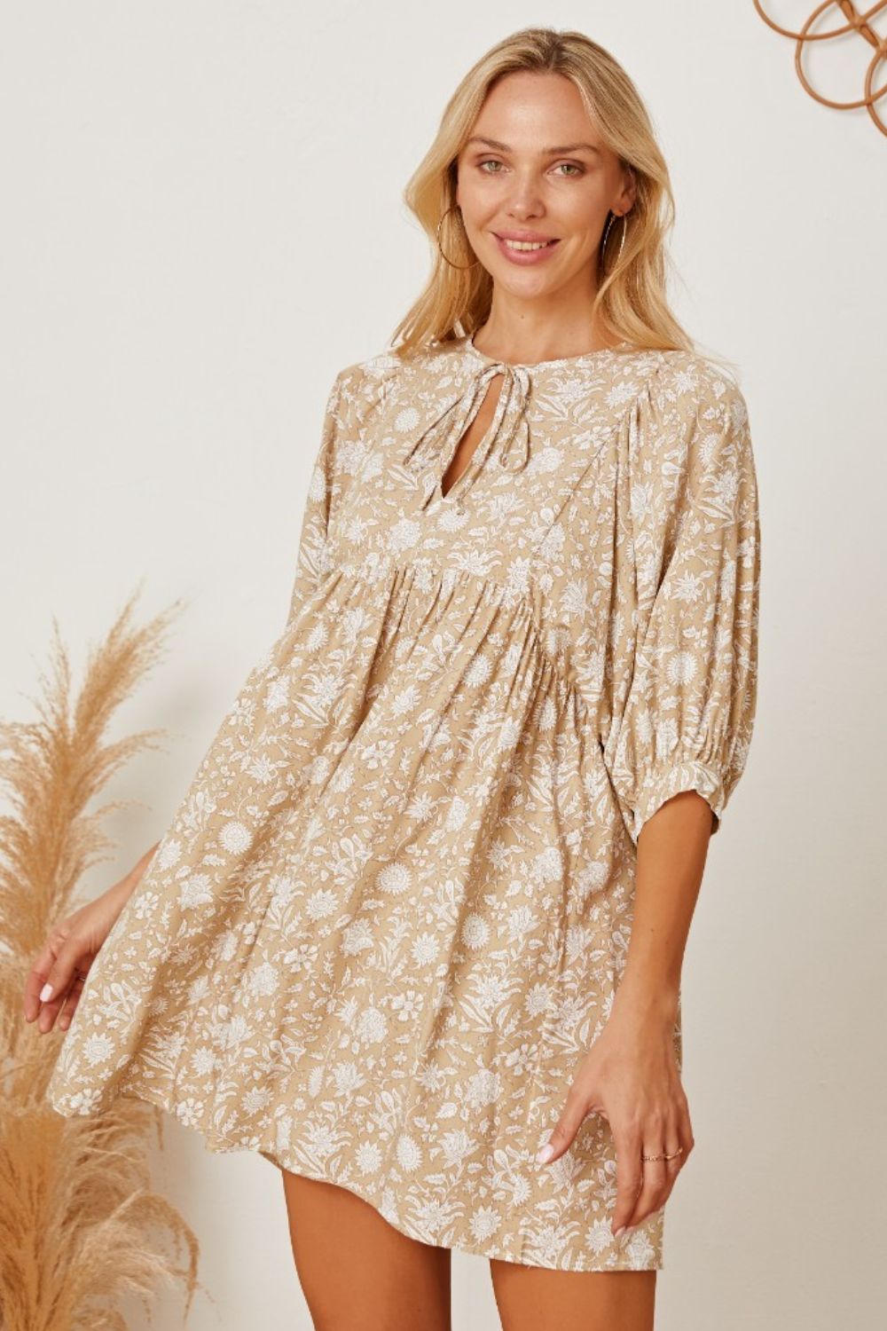Floral Tie Neck Ruched Babydoll Dress.