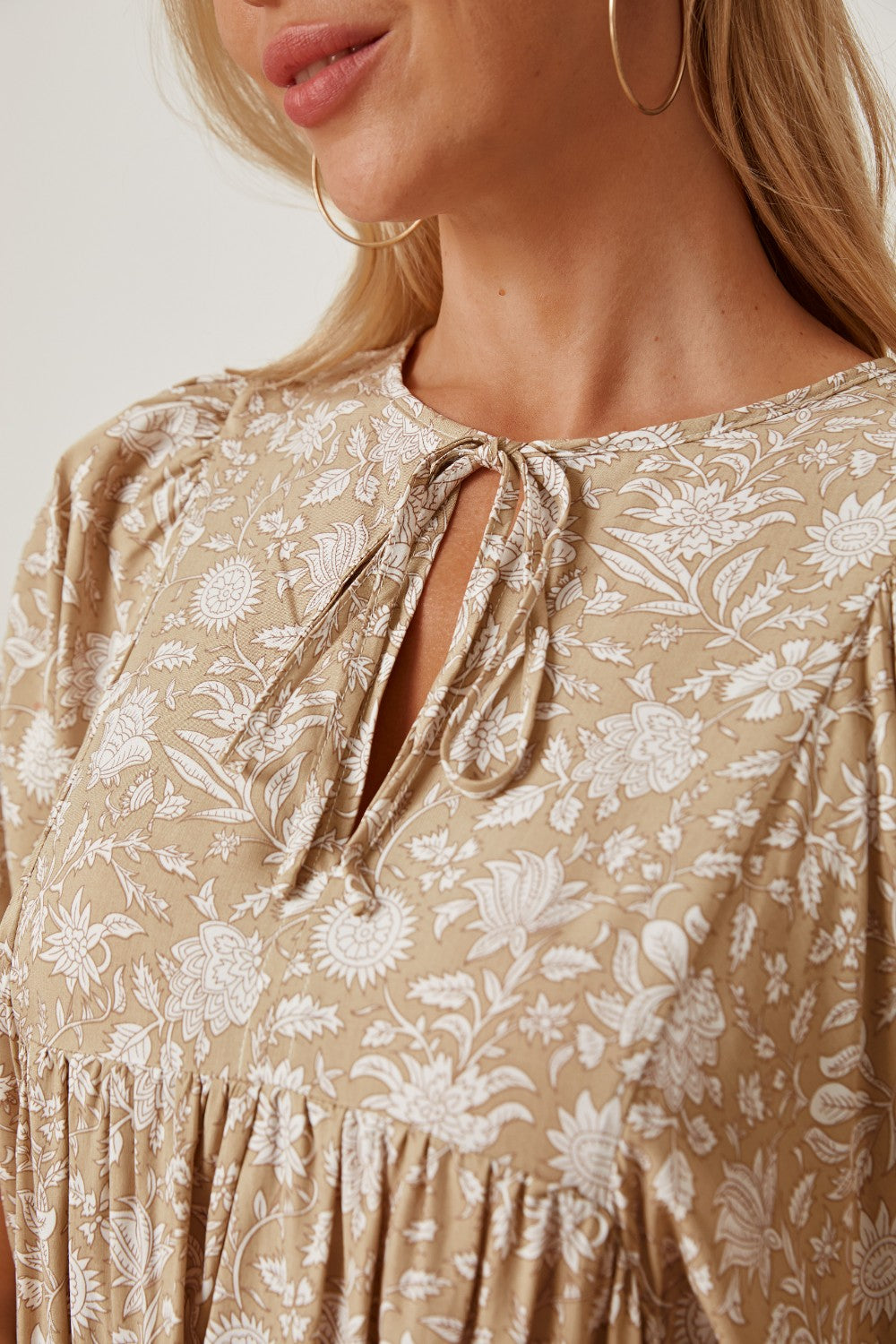 Floral Tie Neck Ruched Babydoll Dress.