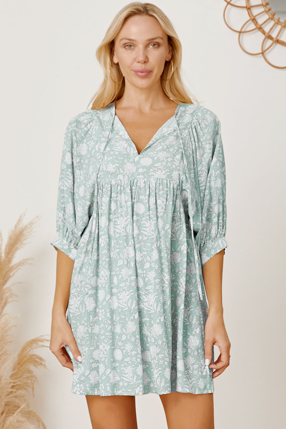 Floral Tie Neck Ruched Babydoll Dress.