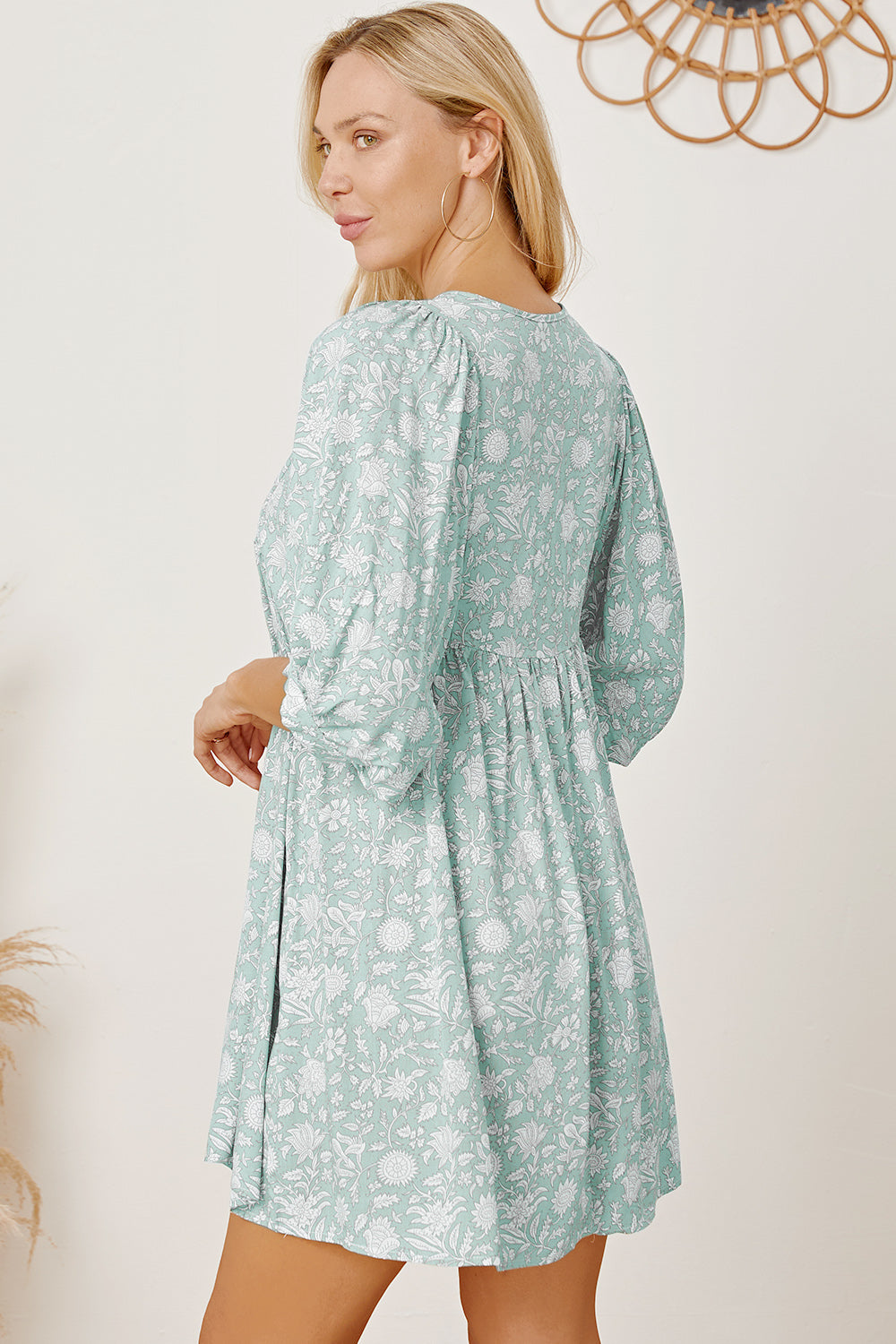 Floral Tie Neck Ruched Babydoll Dress.