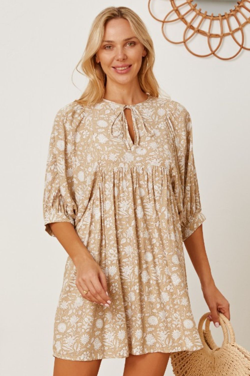 Floral Tie Neck Ruched Babydoll Dress.