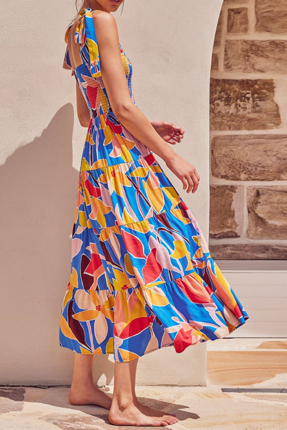 Floral Tie Shoulder Smocked Tiered Maxi Dress.