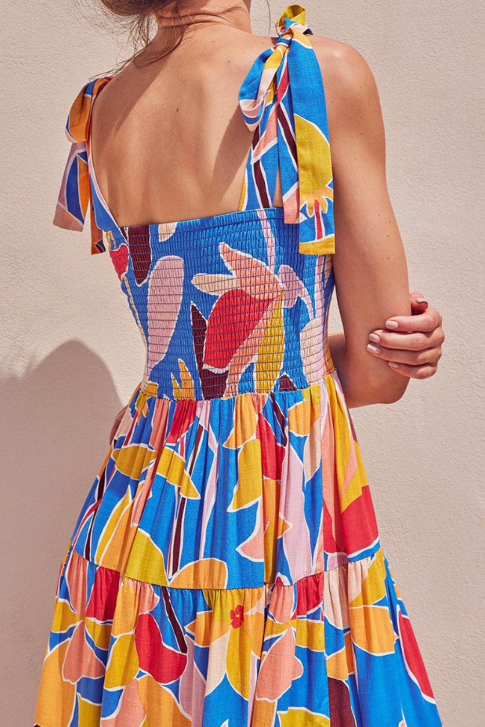 Floral Tie Shoulder Smocked Tiered Maxi Dress.