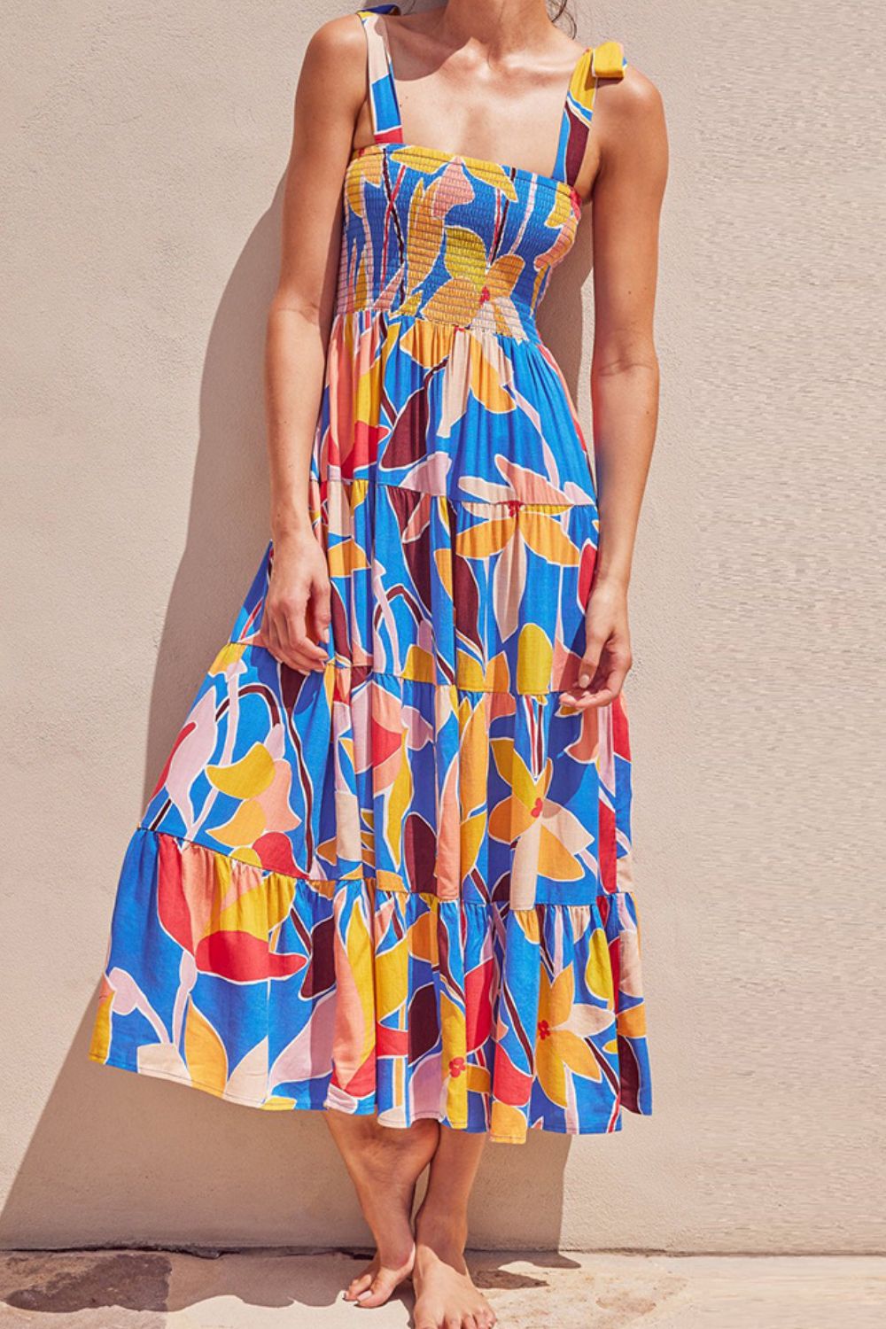 Floral Tie Shoulder Smocked Tiered Maxi Dress.