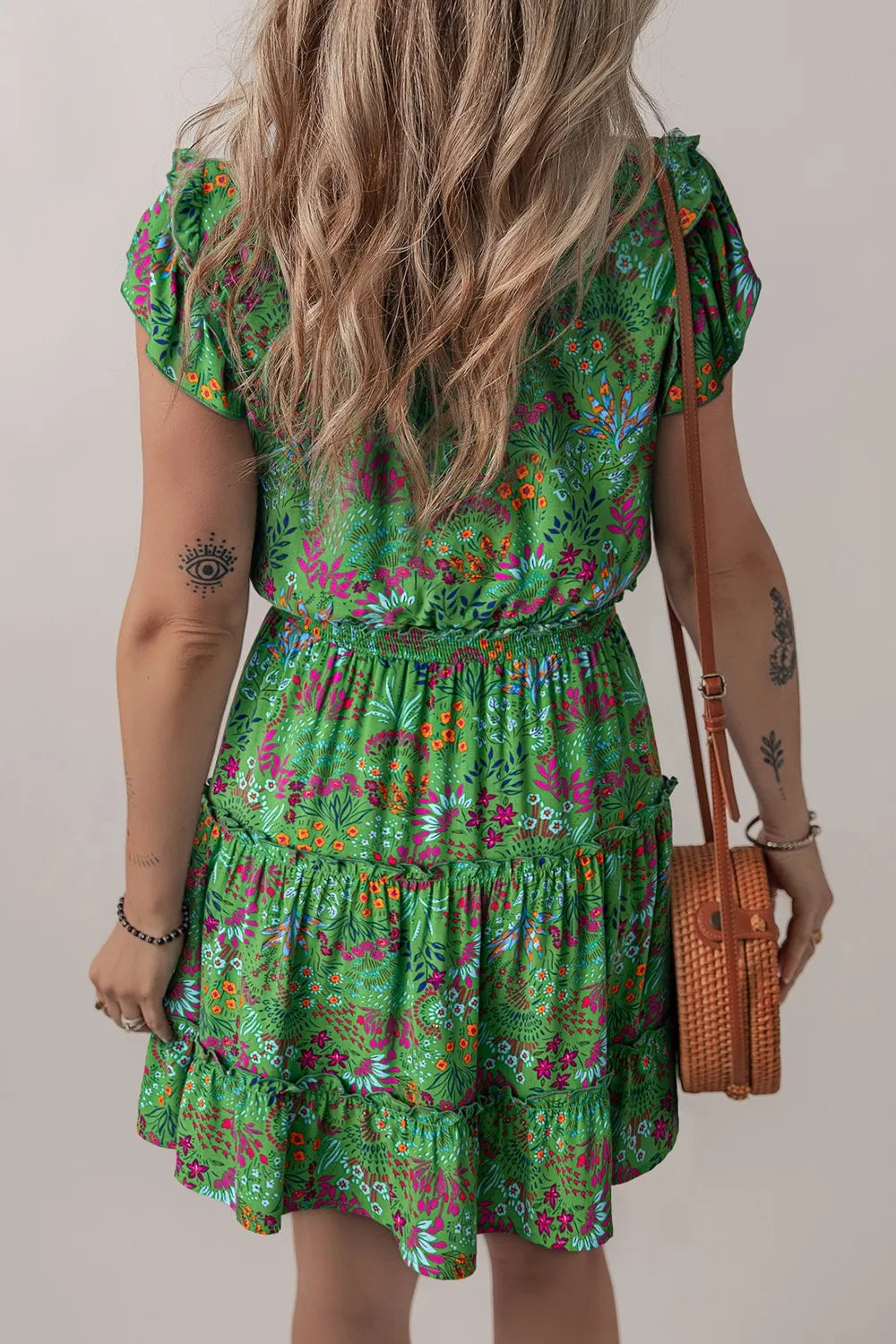 Floral Tie Split Neck Frilly Ruffle Trim Tiered Short Dress.