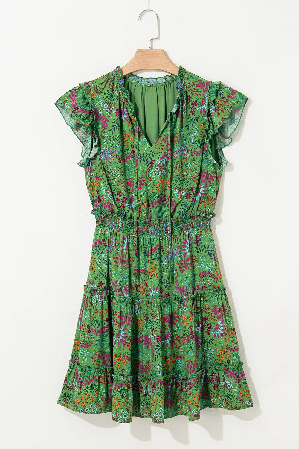 Floral Tie Split Neck Frilly Ruffle Trim Tiered Short Dress.