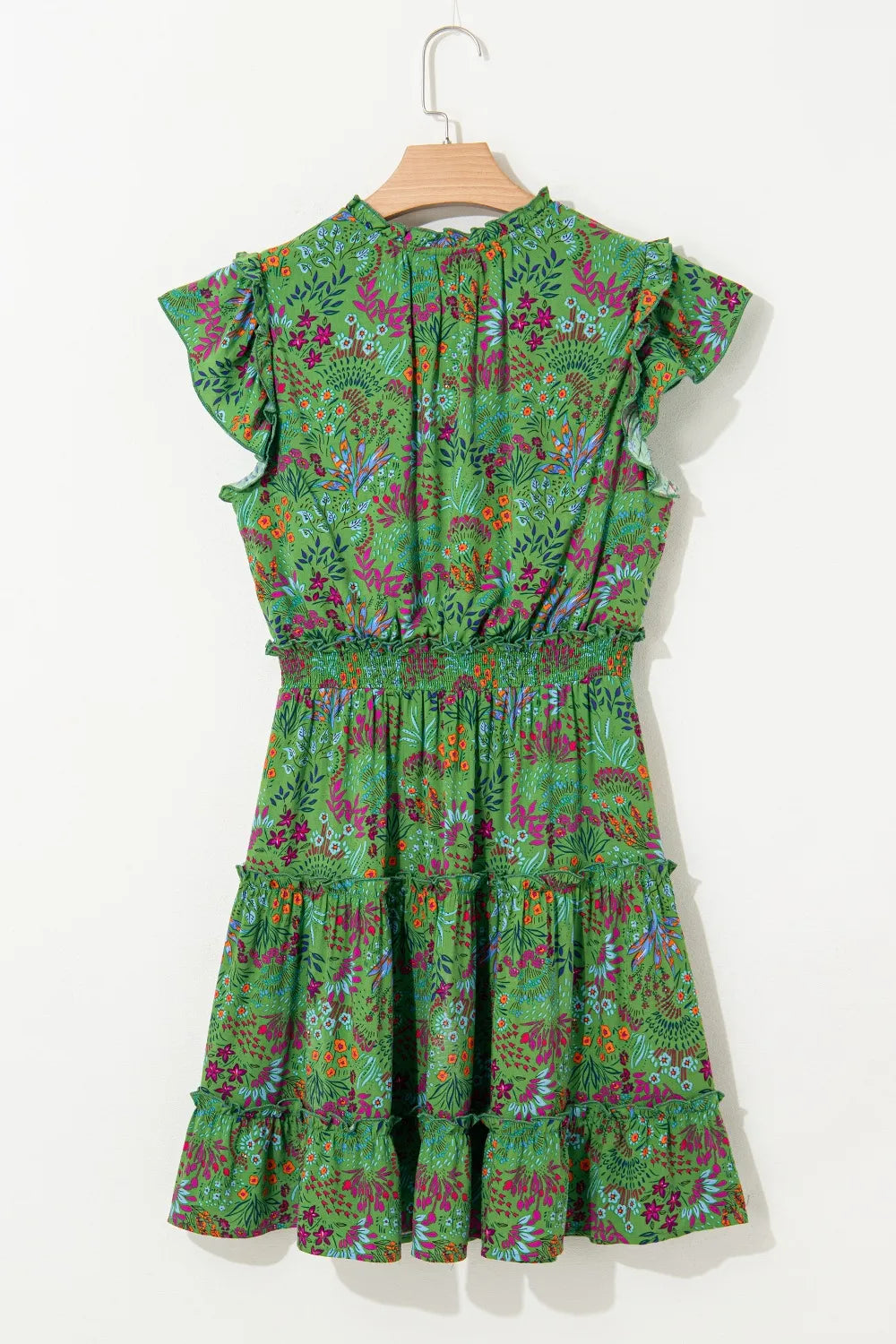 Floral Tie Split Neck Frilly Ruffle Trim Tiered Short Dress.