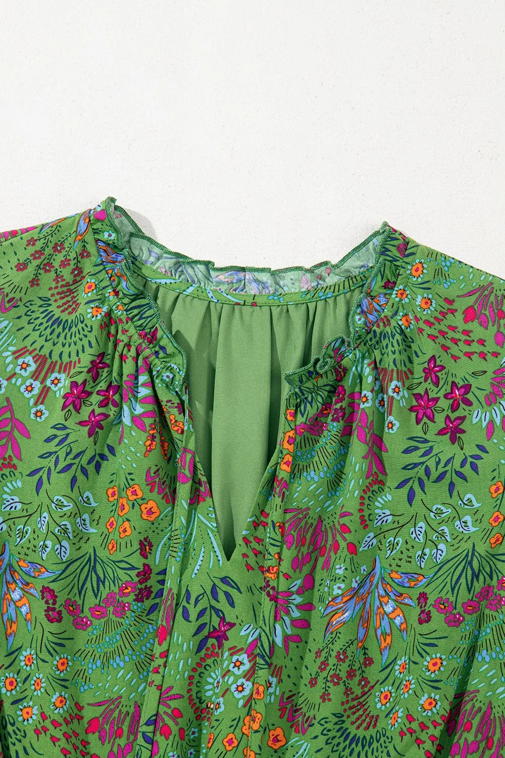 Floral Tie Split Neck Frilly Ruffle Trim Tiered Short Dress.