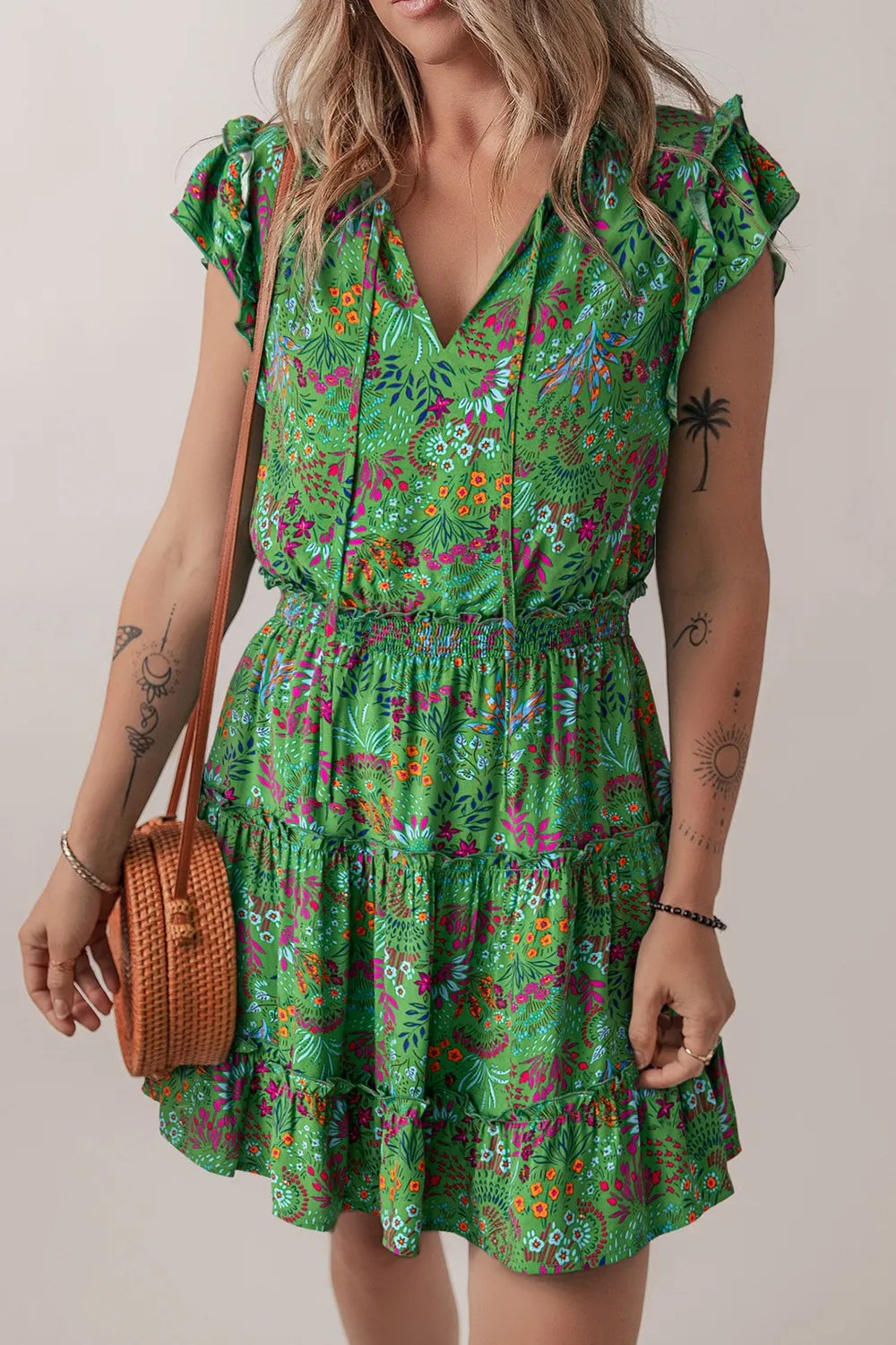 Floral Tie Split Neck Frilly Ruffle Trim Tiered Short Dress.