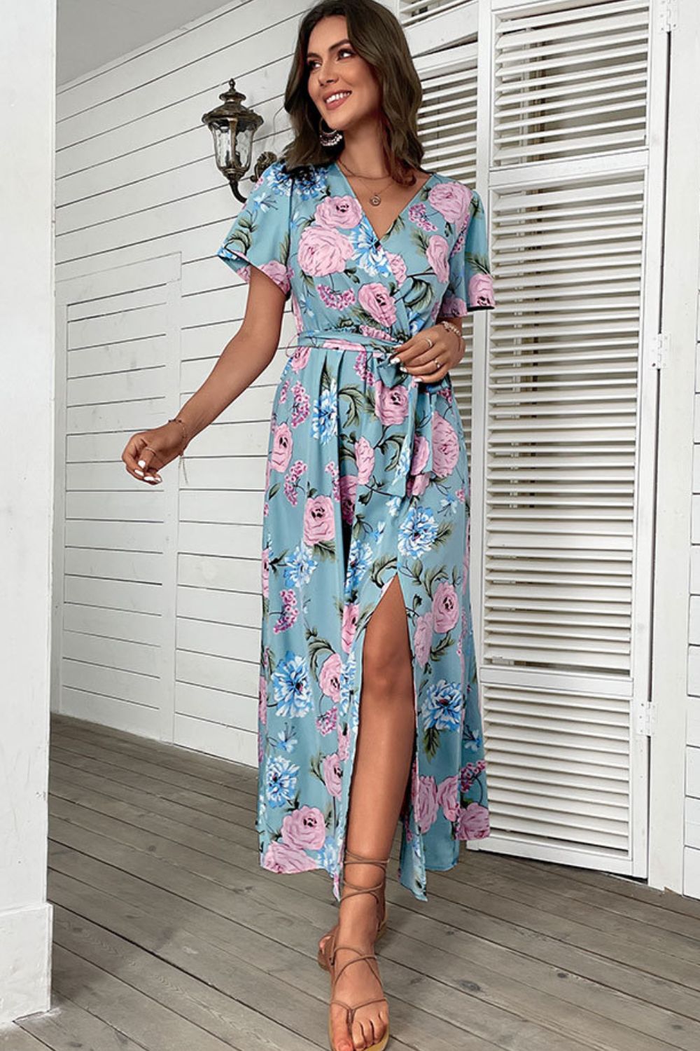 Perfee Floral Tie-Waist Slit Surplice Maxi Dress.