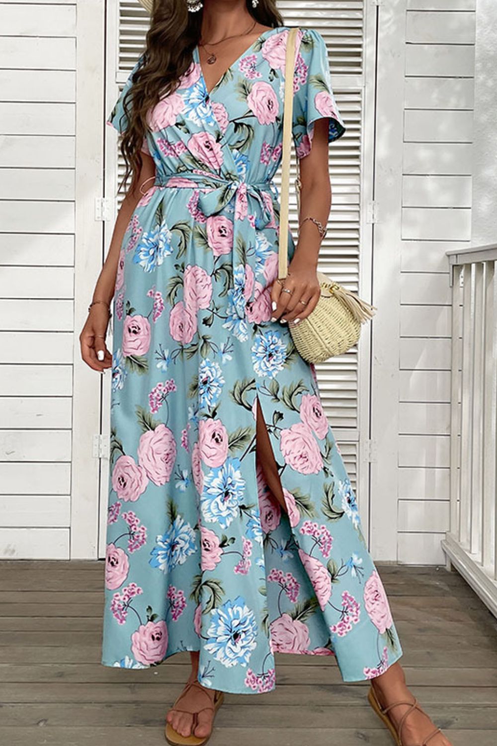 Perfee Floral Tie-Waist Slit Surplice Maxi Dress.