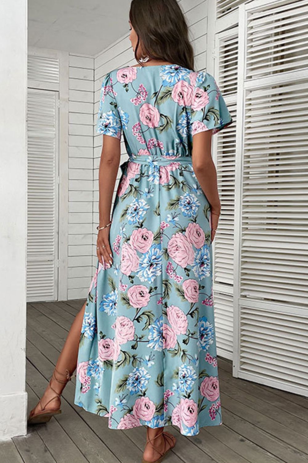 Perfee Floral Tie-Waist Slit Surplice Maxi Dress.