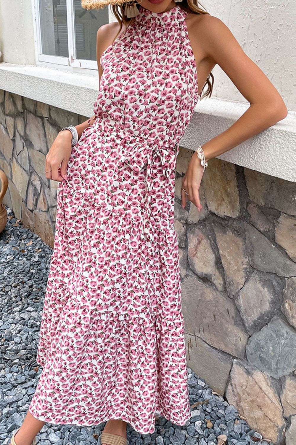 Perfee Floral Tie-Waist Tiered Dress.