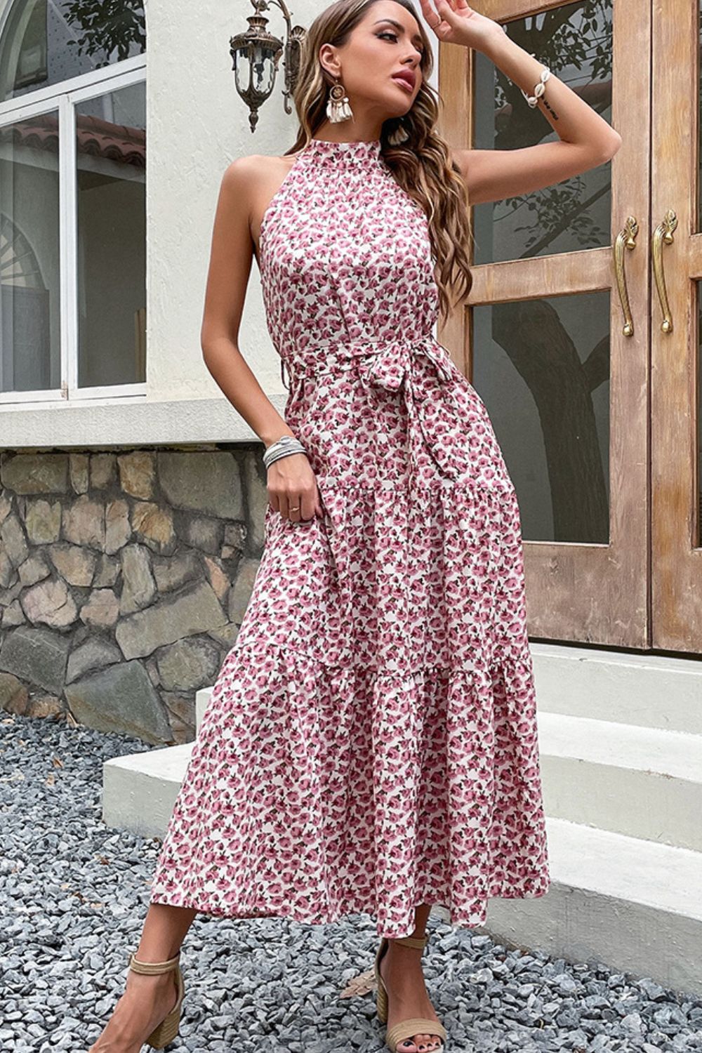 Perfee Floral Tie-Waist Tiered Dress.