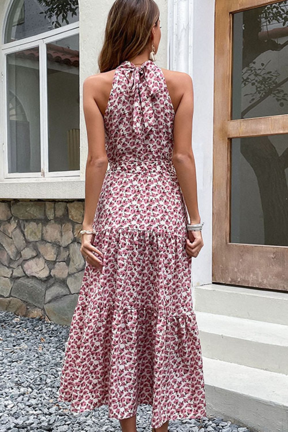 Perfee Floral Tie-Waist Tiered Dress.