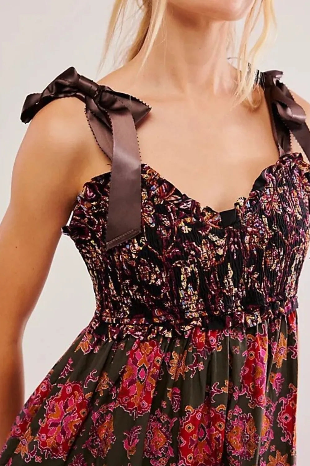 Floral Tiered Maxi Dress with Mixed Print Design.