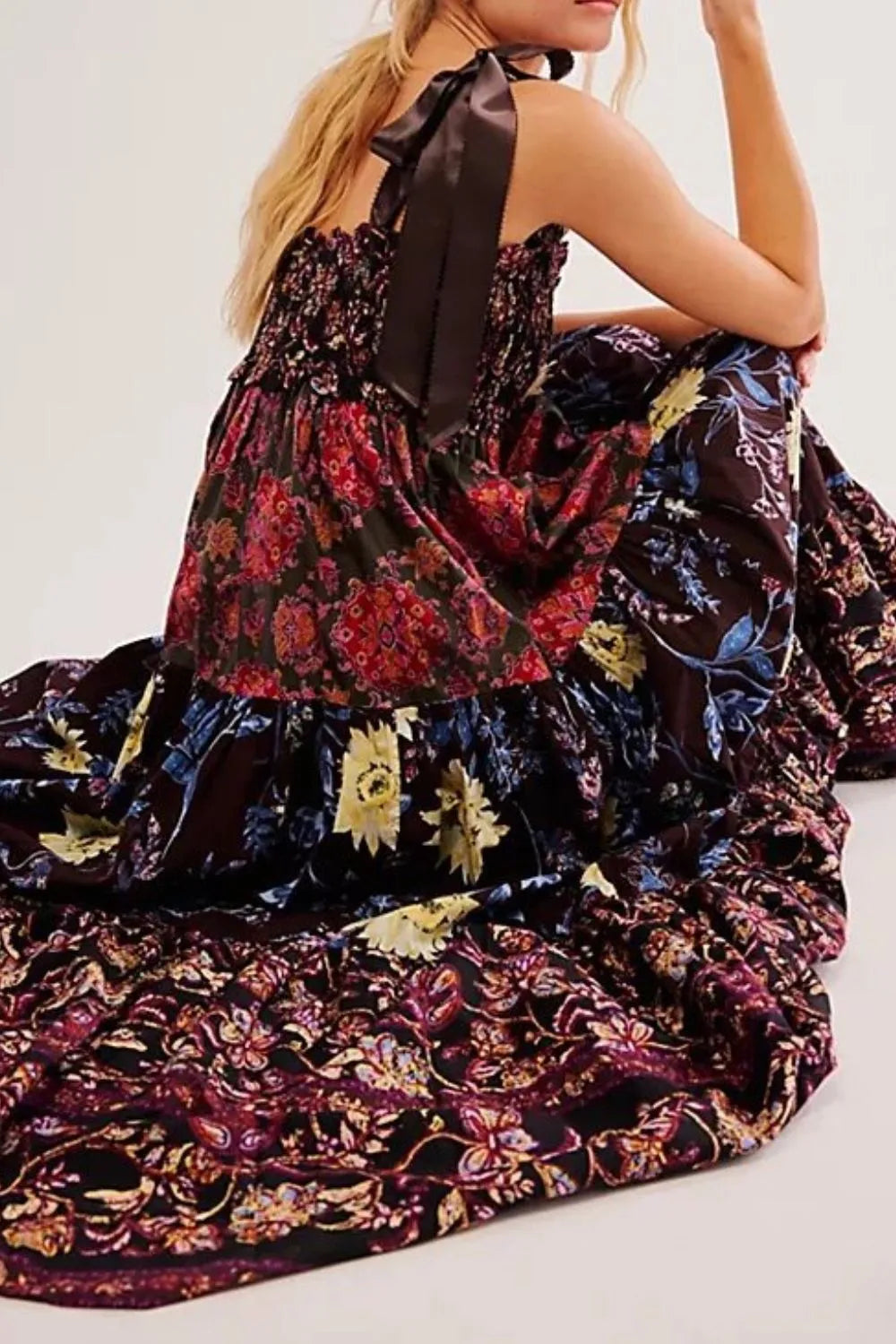 Floral Tiered Maxi Dress with Mixed Print Design.