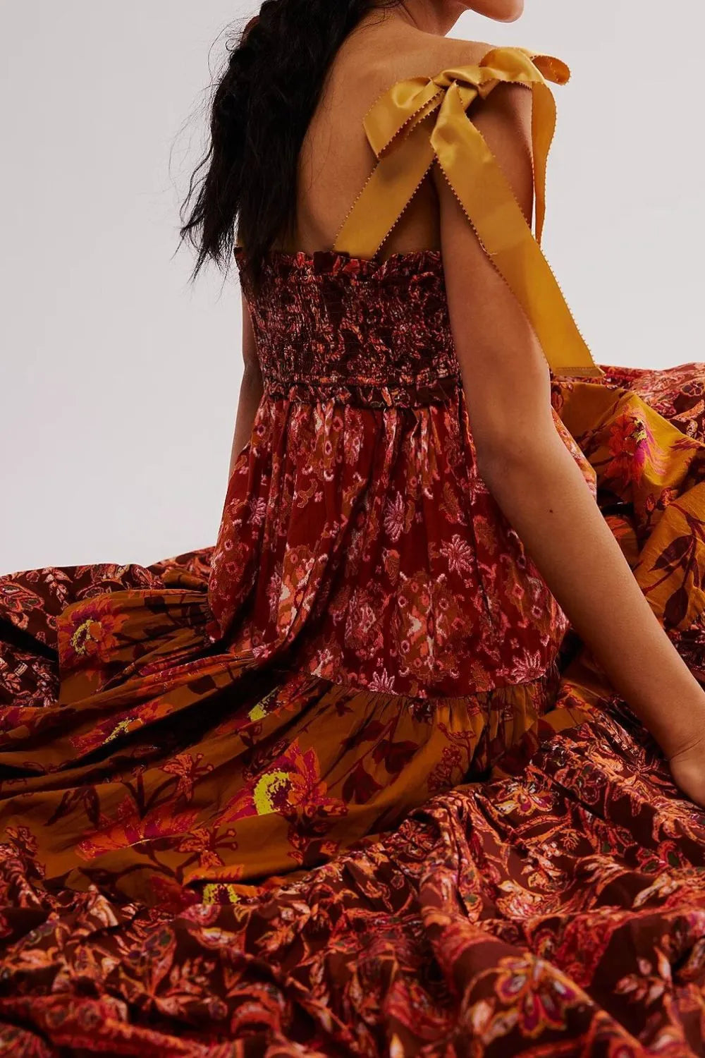 Floral Tiered Maxi Dress with Mixed Print Design.