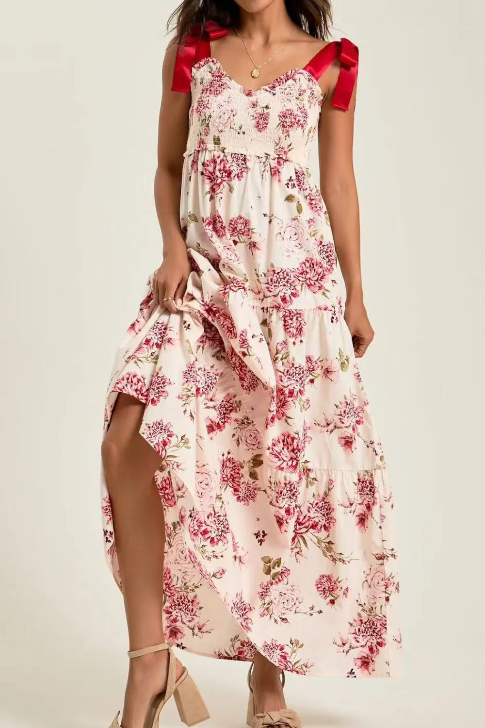 Floral Tiered Maxi Dress with Mixed Print Design.