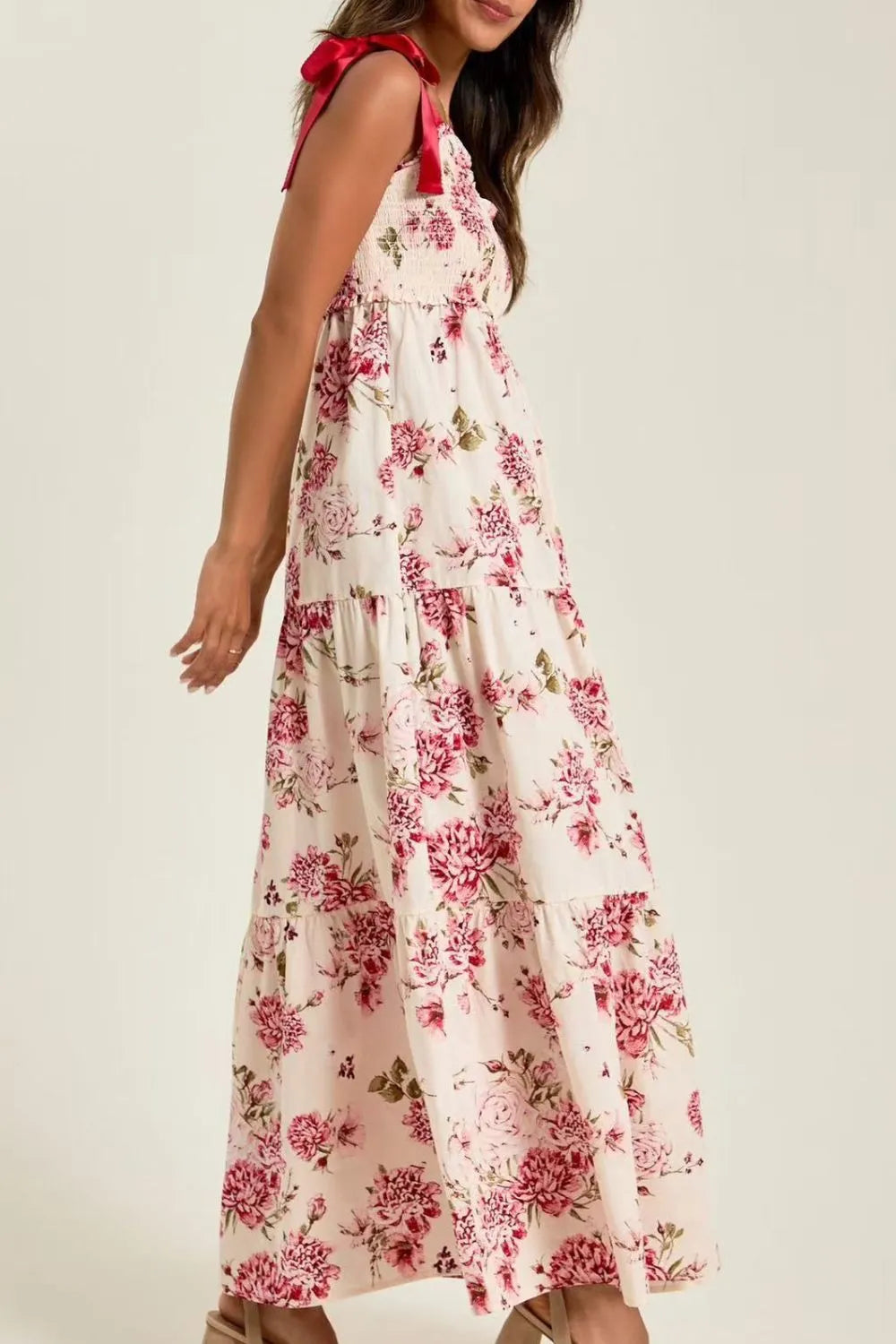 Floral Tiered Maxi Dress with Mixed Print Design.
