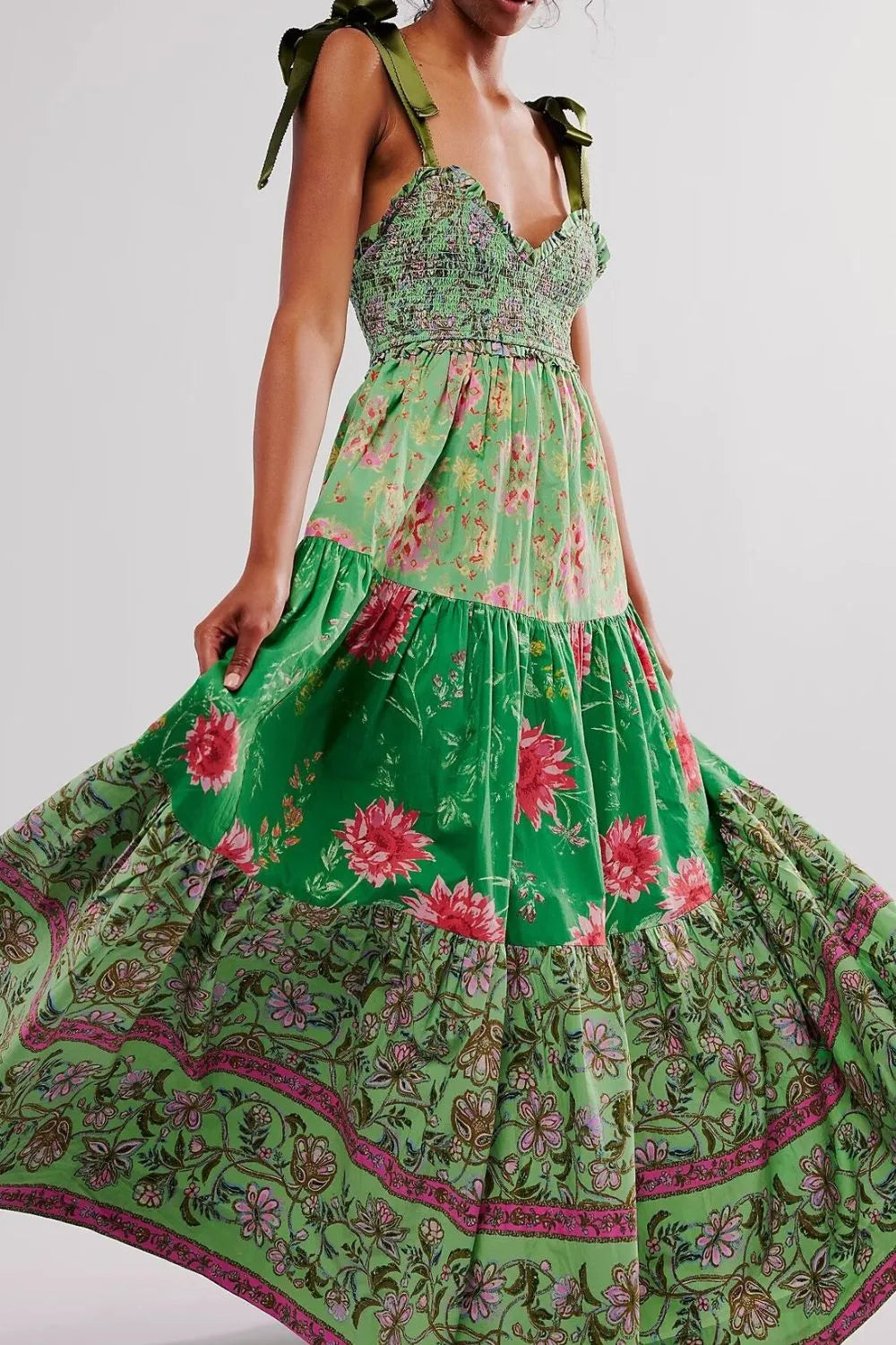 Floral Tiered Maxi Dress with Mixed Print Design.