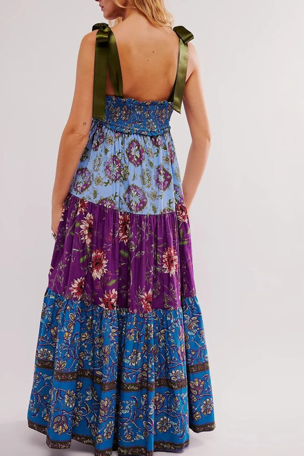 Floral Tiered Maxi Dress with Mixed Print Design.