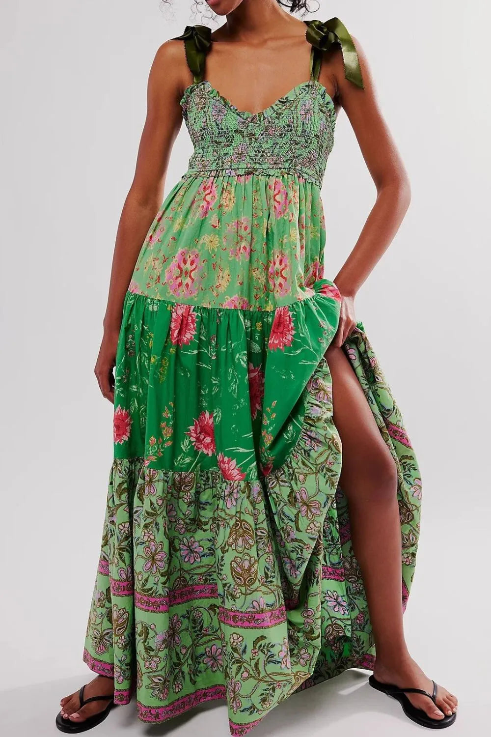 Floral Tiered Maxi Dress with Mixed Print Design.