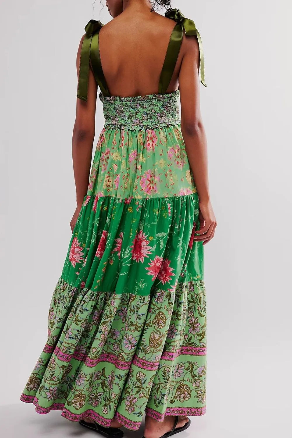 Floral Tiered Maxi Dress with Mixed Print Design.
