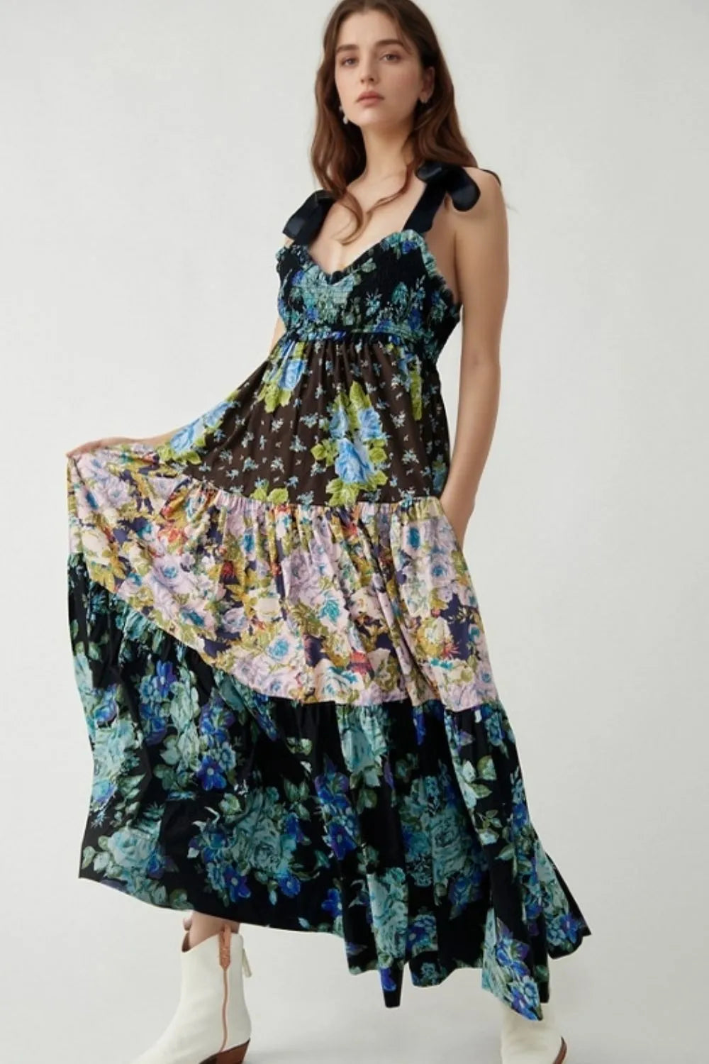 Floral Tiered Maxi Dress with Mixed Print Design.