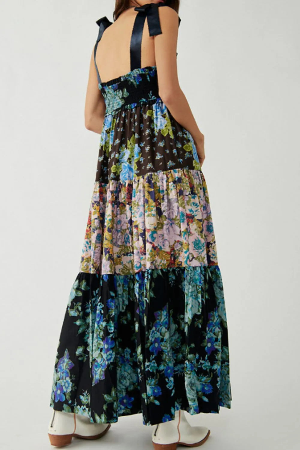 Floral Tiered Maxi Dress with Mixed Print Design.