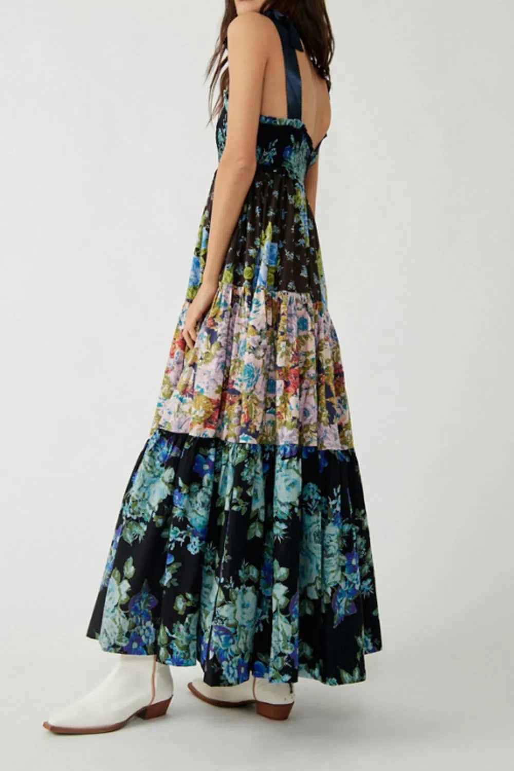 Floral Tiered Maxi Dress with Mixed Print Design.