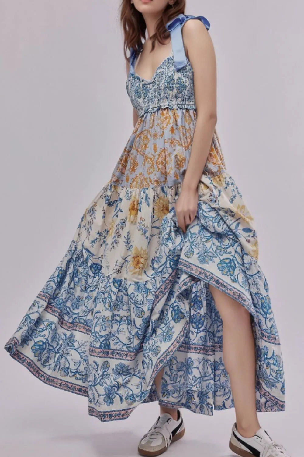 Floral Tiered Maxi Dress with Mixed Print Design.