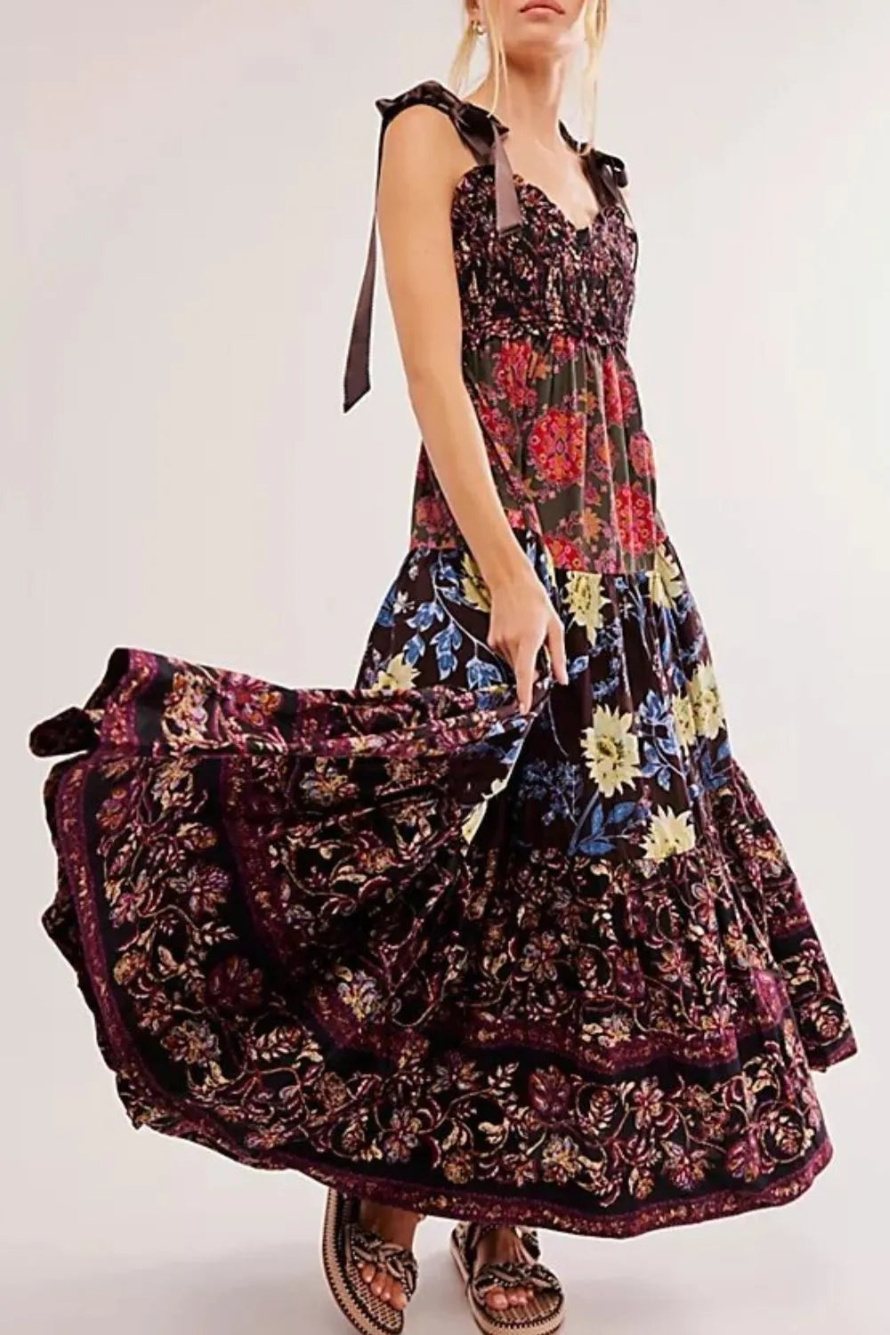 Floral Tiered Maxi Dress with Mixed Print Design.