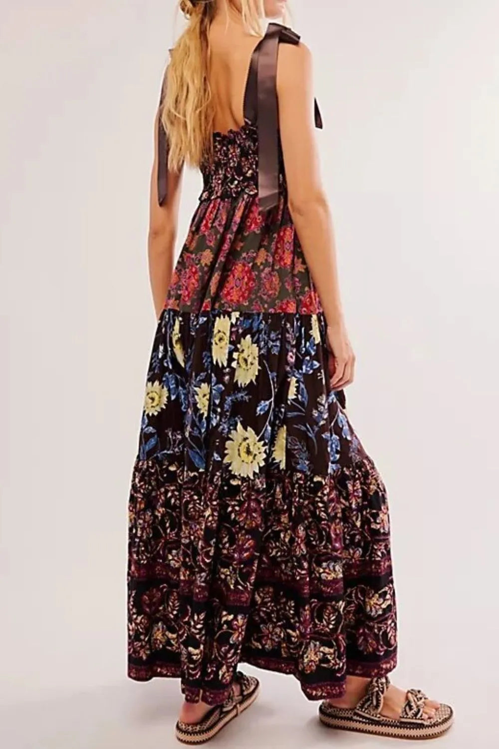 Floral Tiered Maxi Dress with Mixed Print Design.