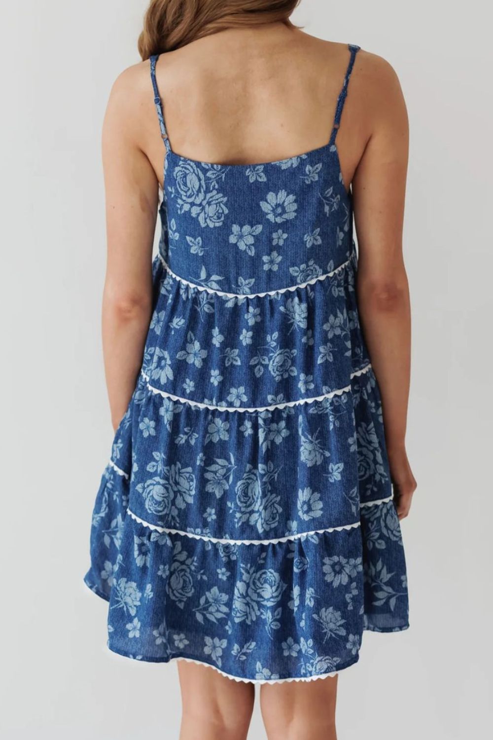 Floral Tiered Square Neck Denim Dress.