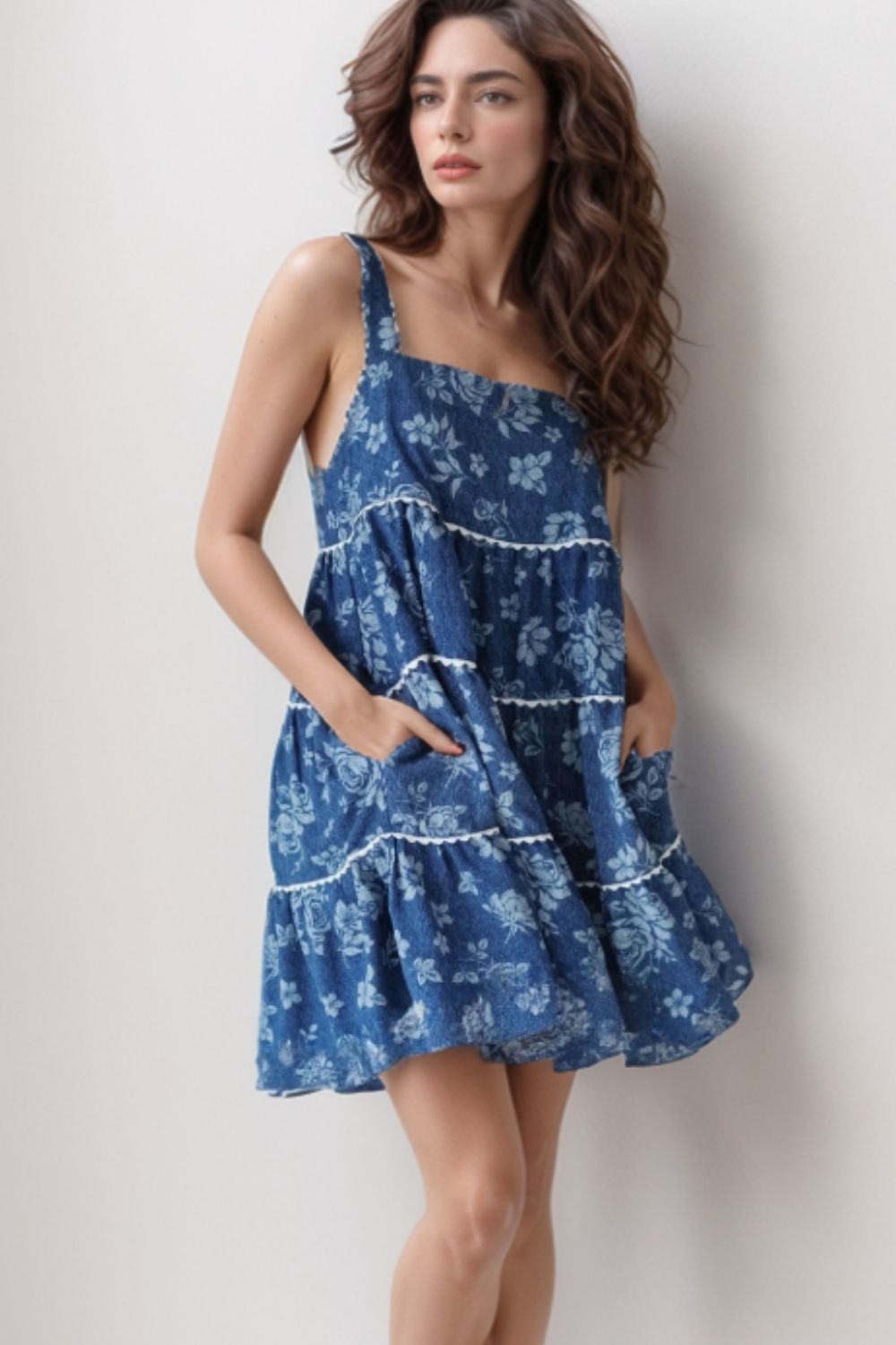 Floral Tiered Square Neck Denim Dress.