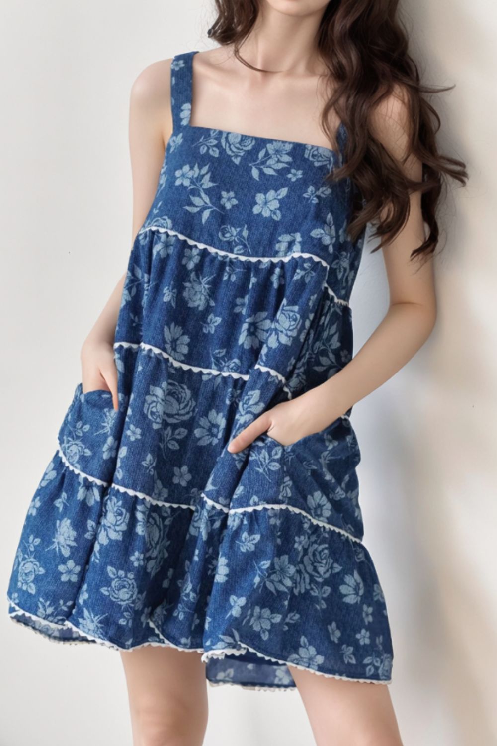 Floral Tiered Square Neck Denim Dress.