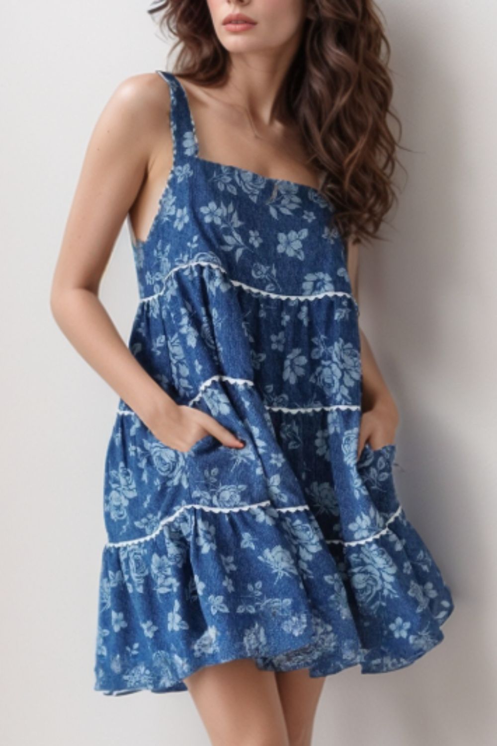 Floral Tiered Square Neck Denim Dress.