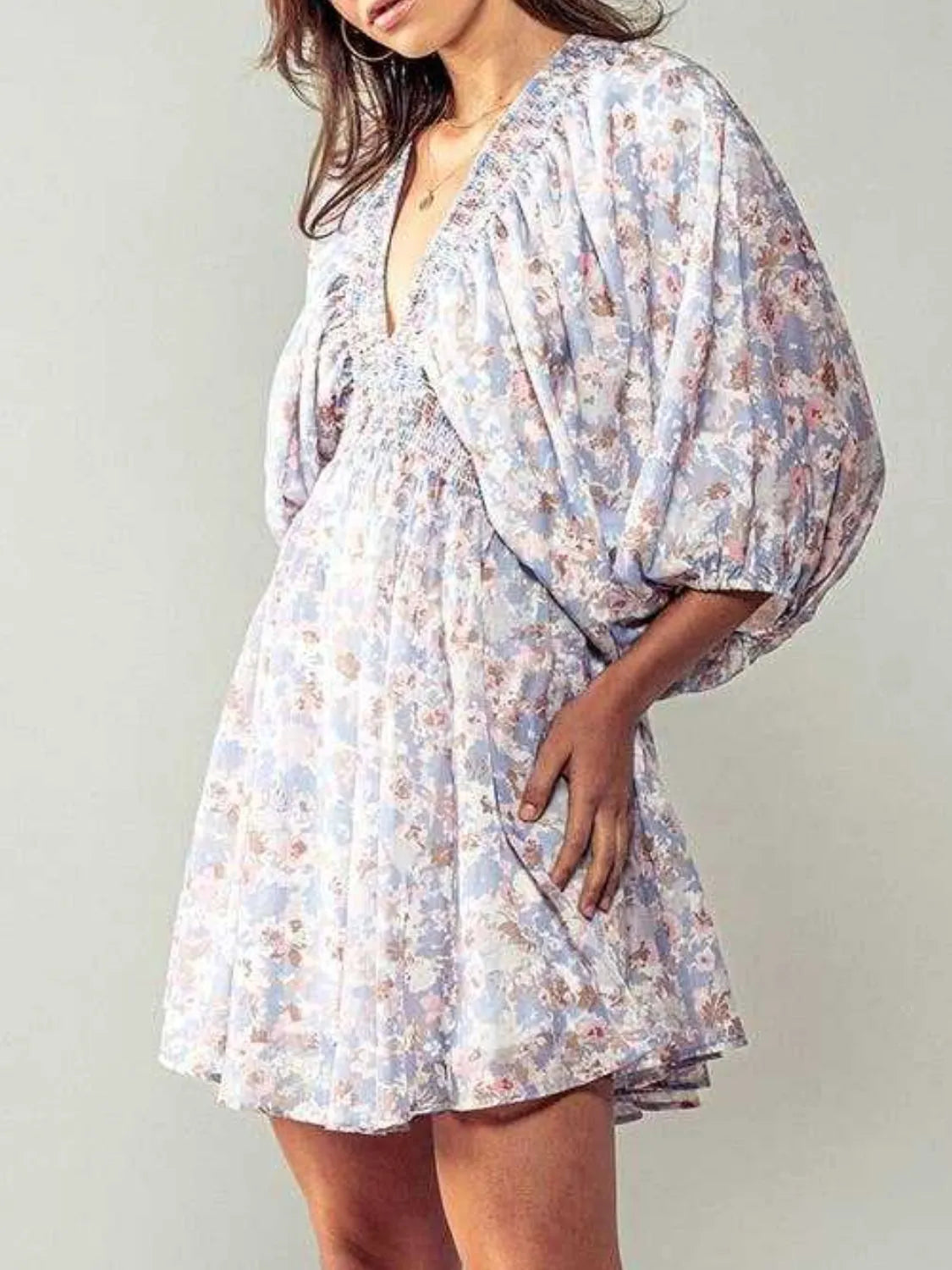 Floral V-Neck Balloon Sleeve Dress.