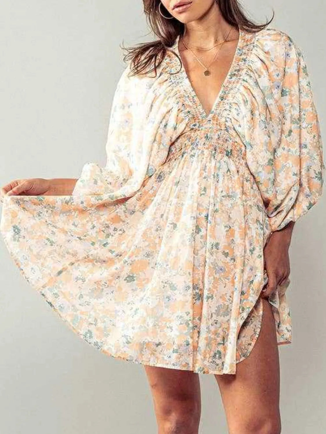 Floral V-Neck Balloon Sleeve Dress.