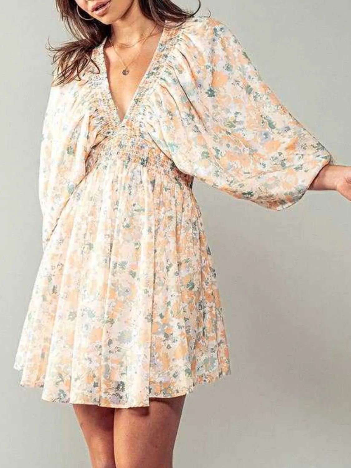 Floral V-Neck Balloon Sleeve Dress.