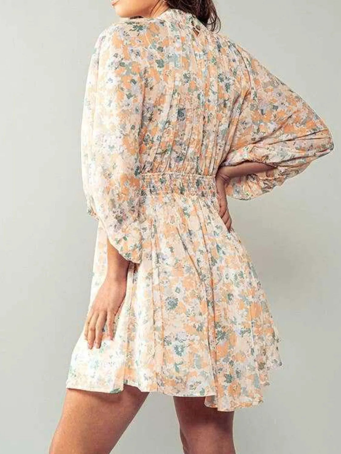 Floral V-Neck Balloon Sleeve Dress.