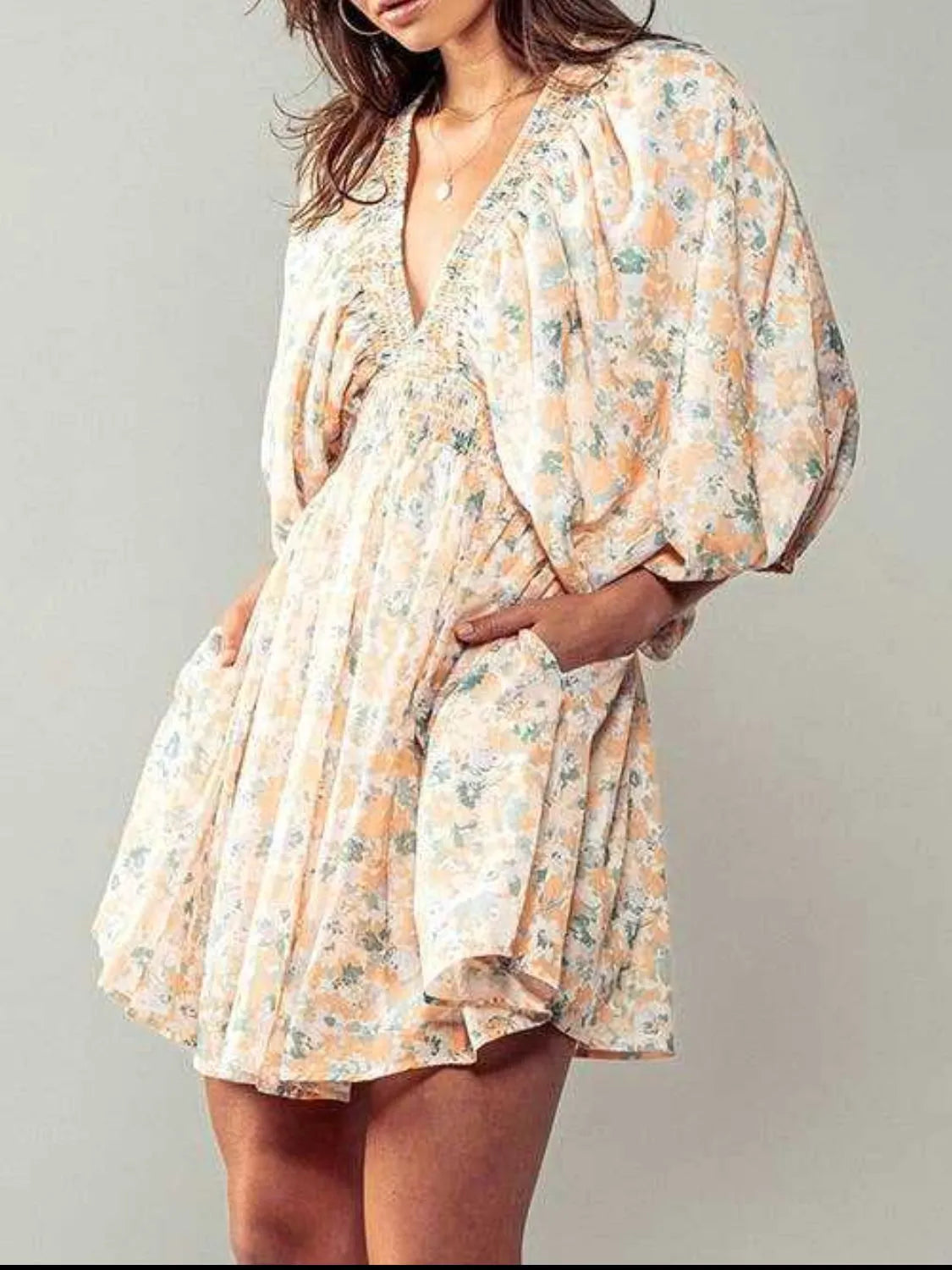 Floral V-Neck Balloon Sleeve Dress.