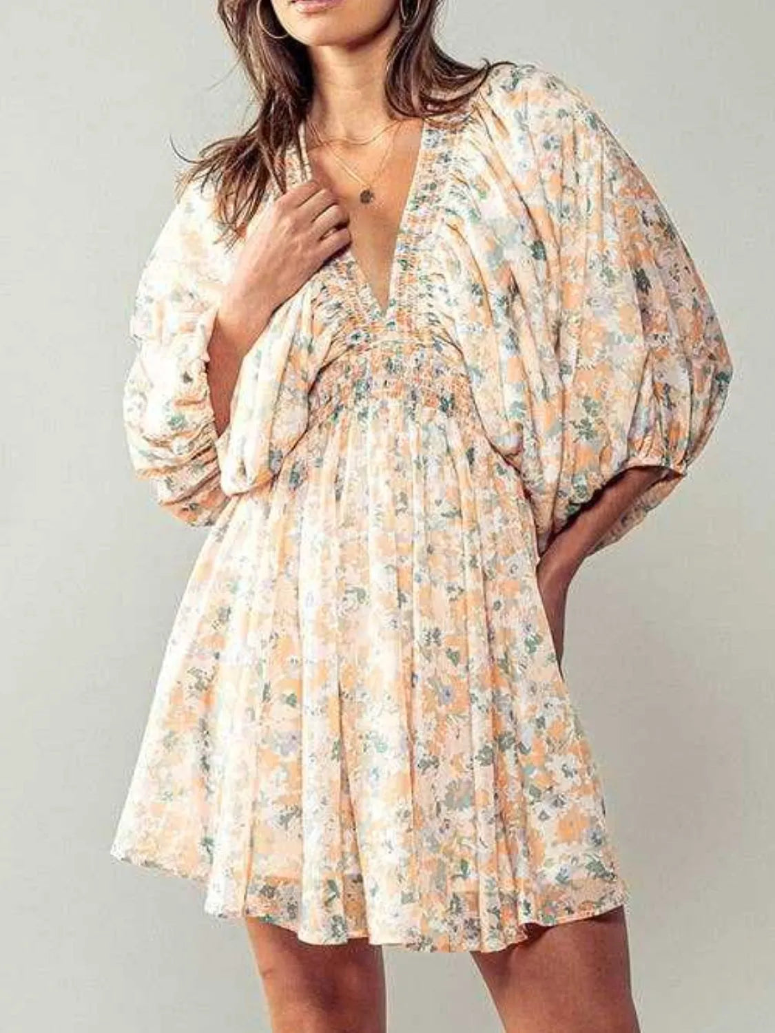 Floral V-Neck Balloon Sleeve Dress.