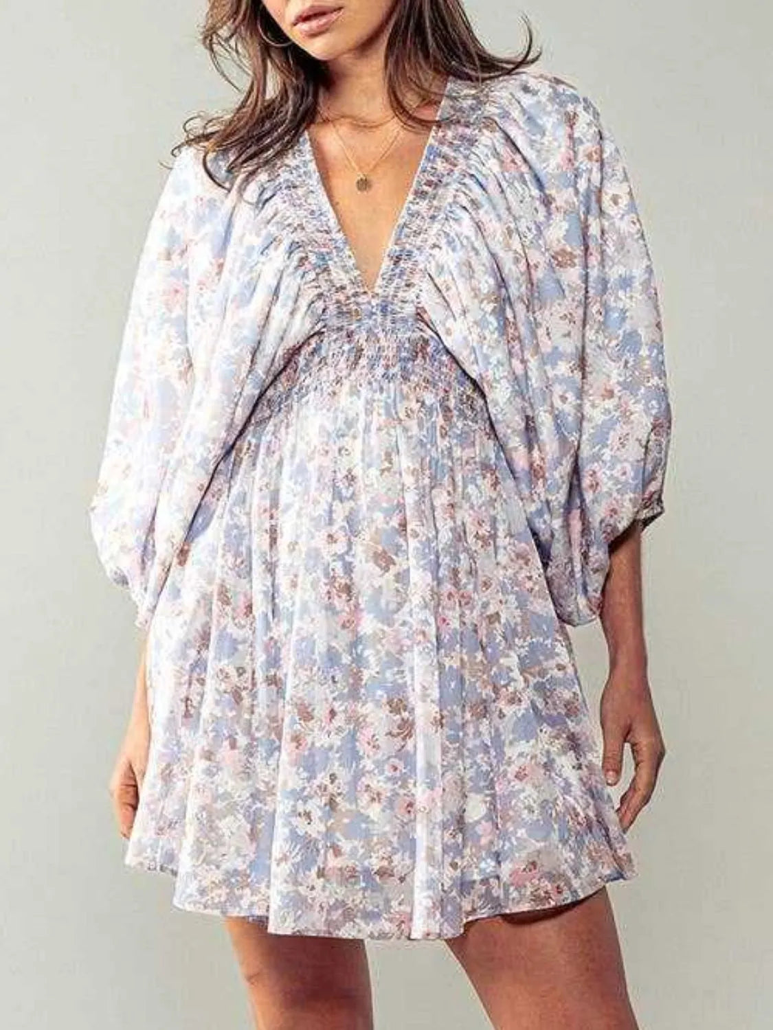 Floral V-Neck Balloon Sleeve Dress.